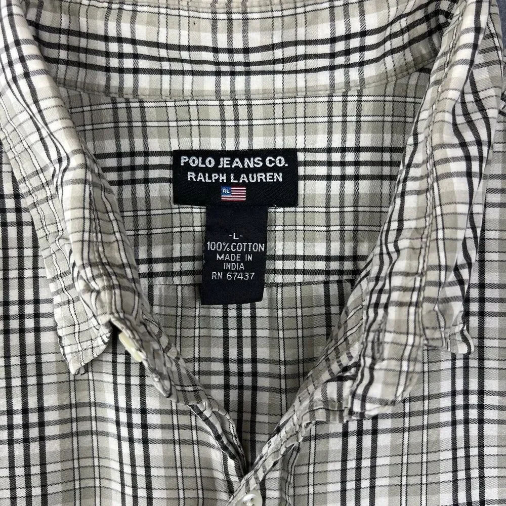 Polo Ralph Lauren Jeans Co Button Up Shirt Mens L Grey/Black Plaid‎ Long Sleeve